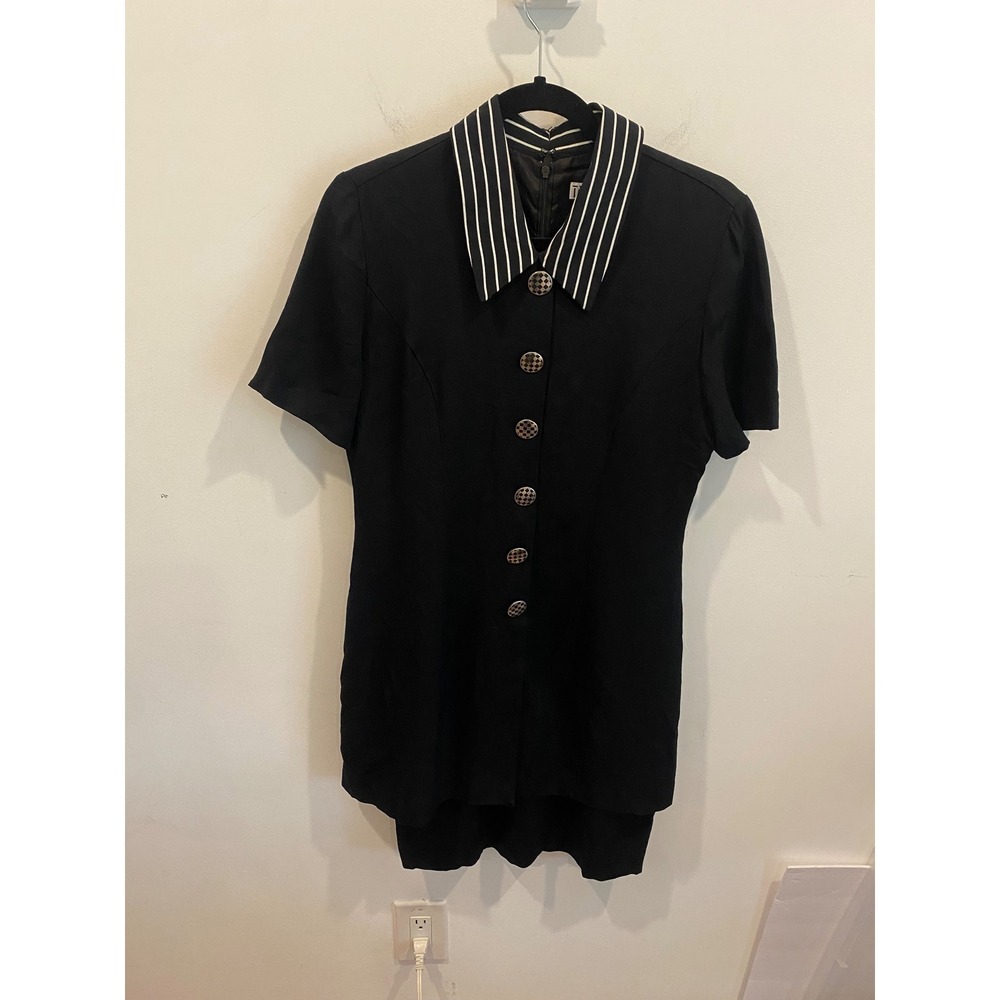 Taurus II Black Striped Collar Short Sleeve Button Front‎ Dress